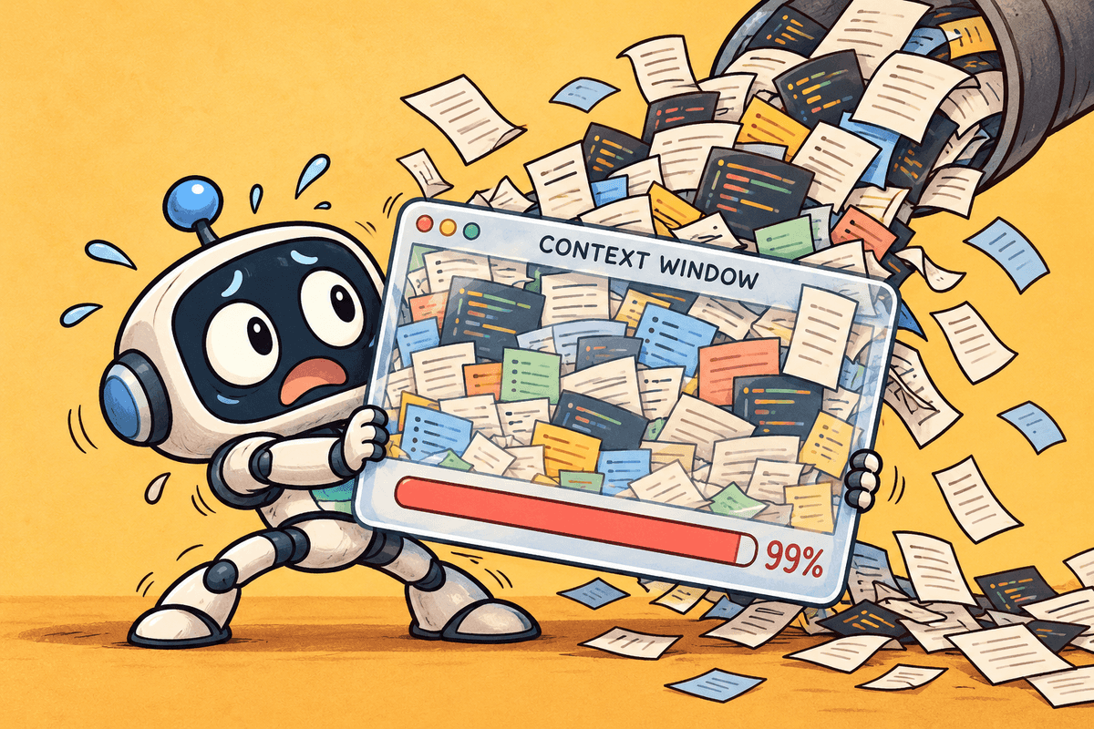 An anxious AI robot holding an overflowing context window at 99% capacity as trace logs pour in