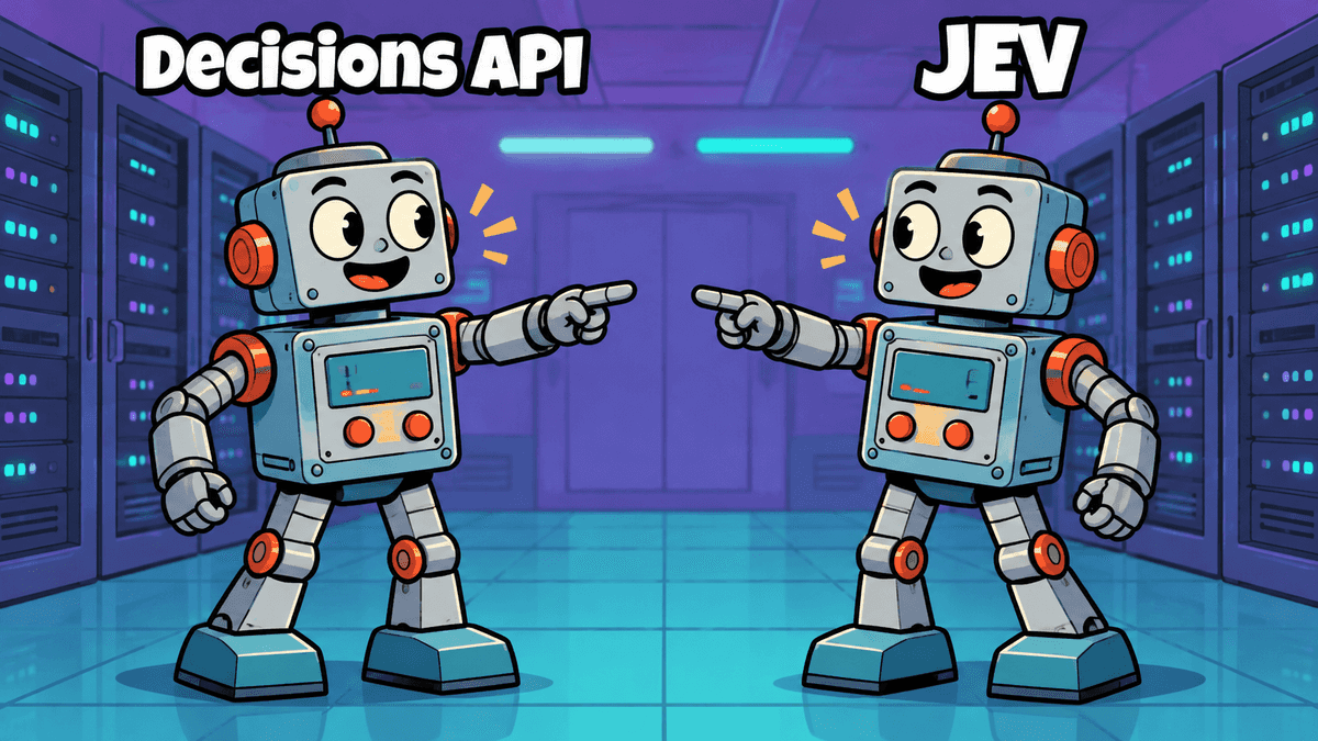Two cartoon robots labelled Decisions API and JEV point at each other in a server room.